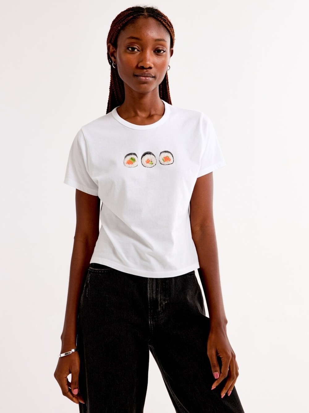 Abercrombie & Fitch White Short Sleeve Tee with Sushi Embroidery